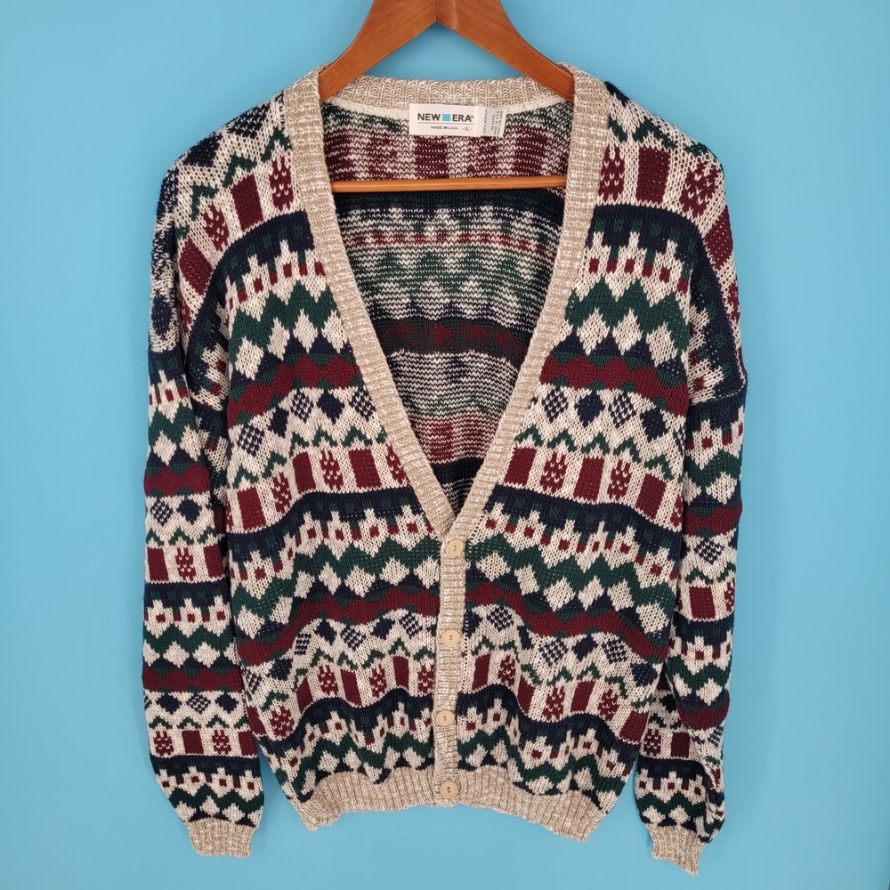 Vintage New Era Geometric Fair Isle Cardigan Sweater Mens XL Grandpacore USA